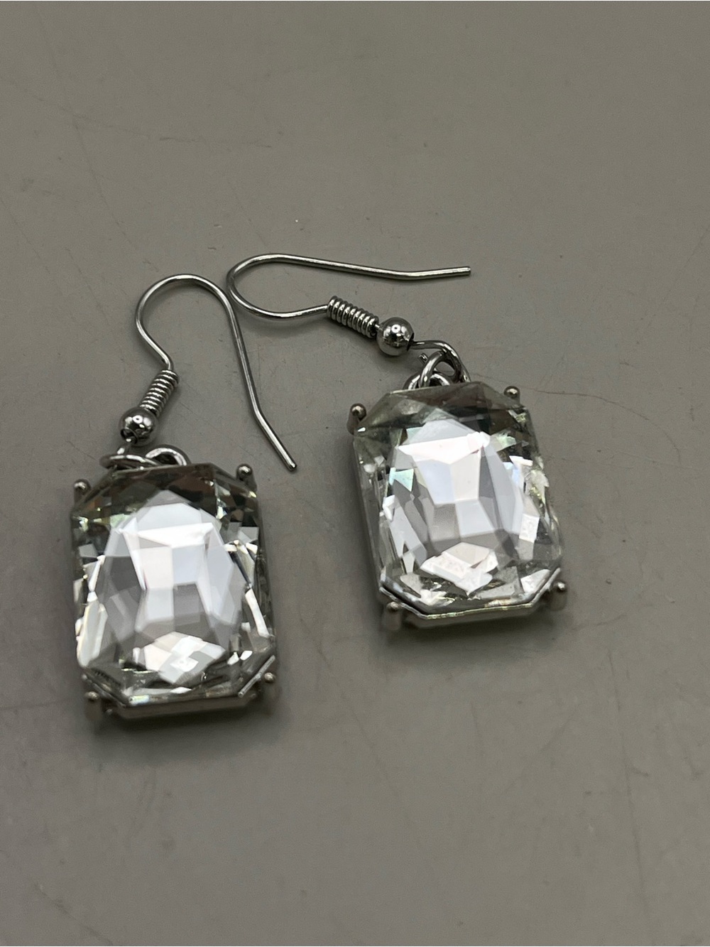 Clear Crystal Statement Earrings Silver Tone Emerald Cut Dangle Drop Bridal Prom
